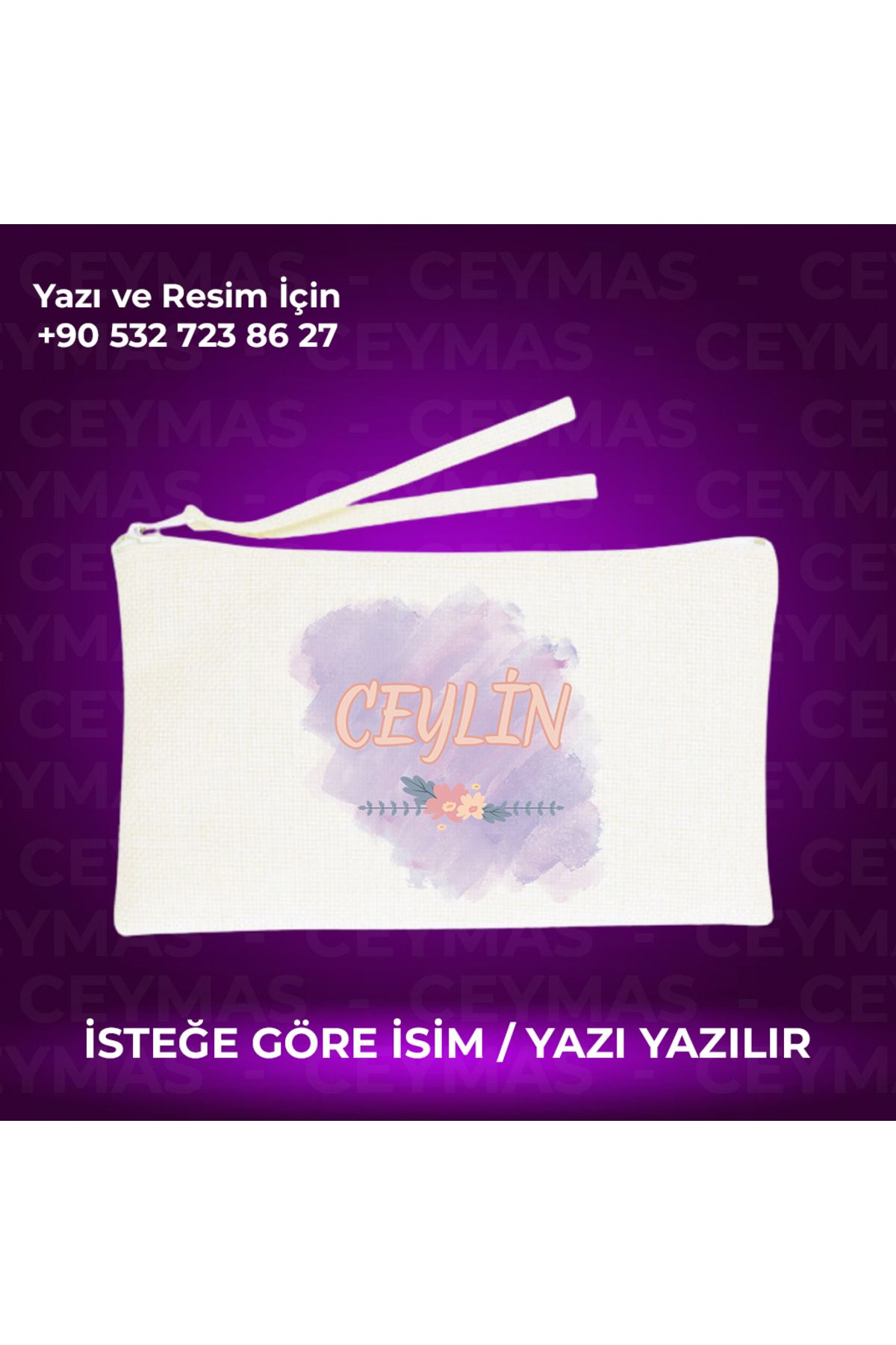 Ceymas Hediyelik İsim Baskılı Kişiye Özel Renkli Keten Makyaj Çantası