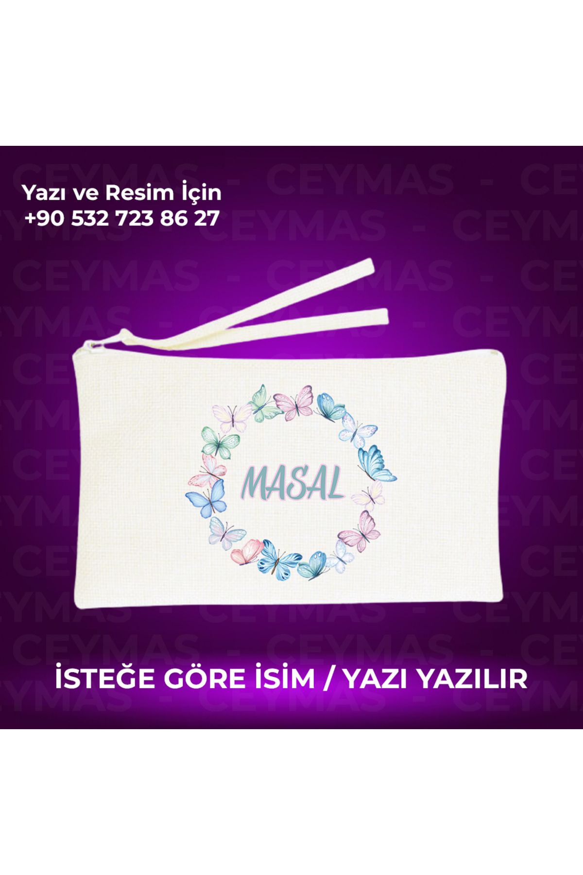 Ceymas Hediyelik İsim Baskılı Kelebek Desenli Keten Makyaj Çantası