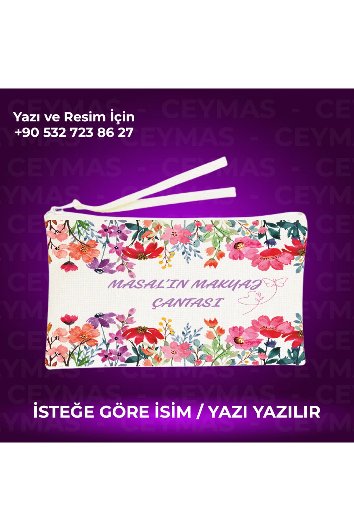 Ceymas Hediyelik İsme Özel Çiçek Desenli Keten Makyaj Çantası