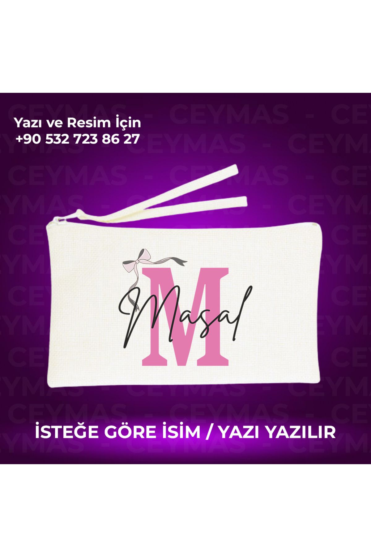 Ceymas Hediyelik İsim Baskılı Keten Makyaj Çantası