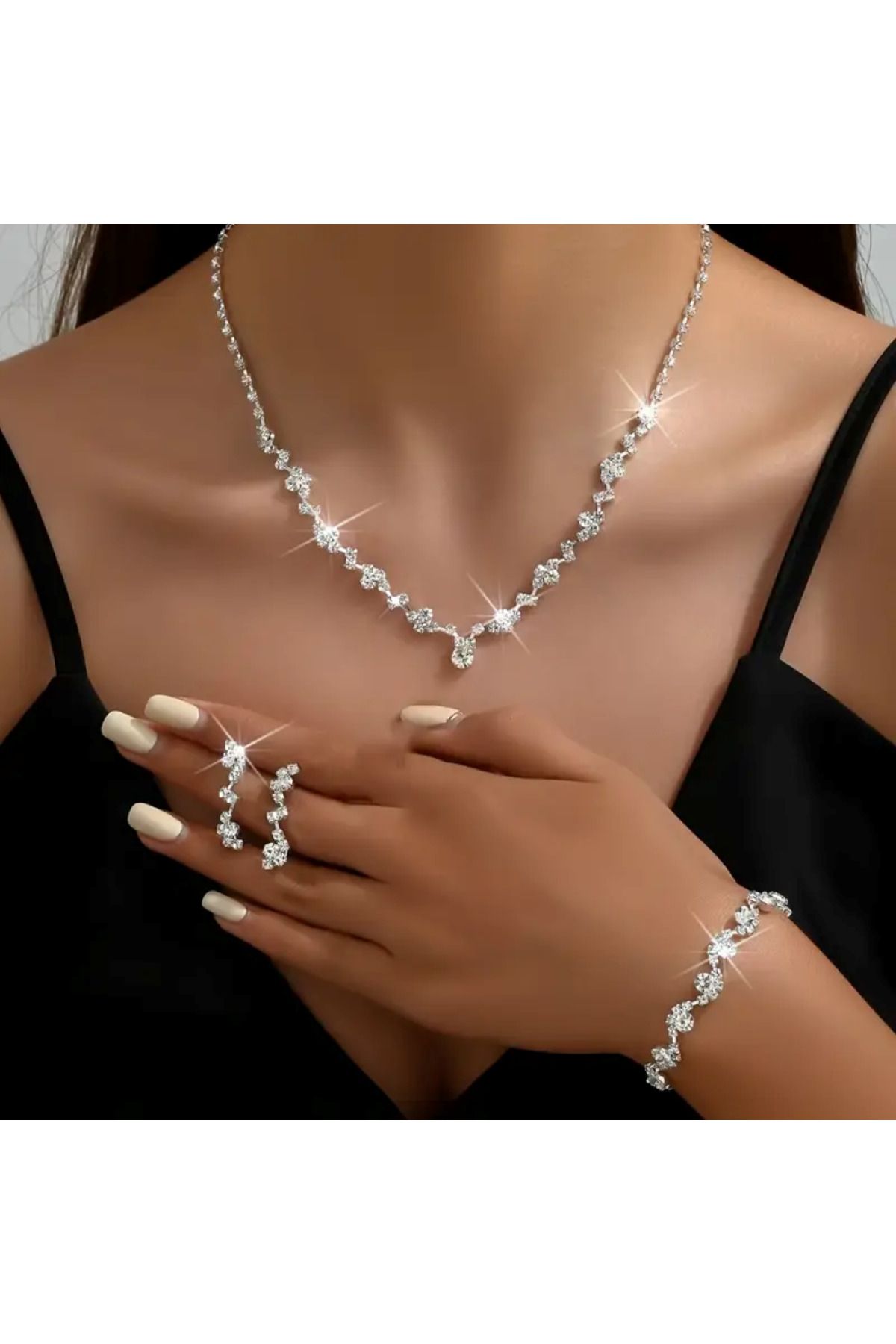 Estilo Lingerie Sıralı Serenay Model Zirkon Taşlı Takı Seti Hediye Takı Seti Gelin Takısı Nişan Davet Takısı