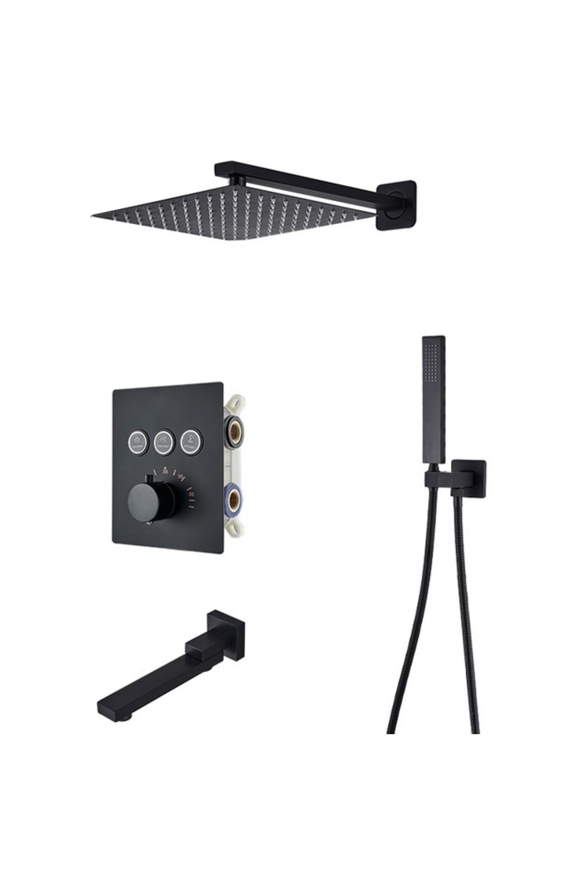 Blackswan Design Set Baterie Dus, Blackswan, Tip M153, Negru, Cu 3 Cai, Iluminare Led, Termostat, Pipa Mobila, 30 Cm - One Size