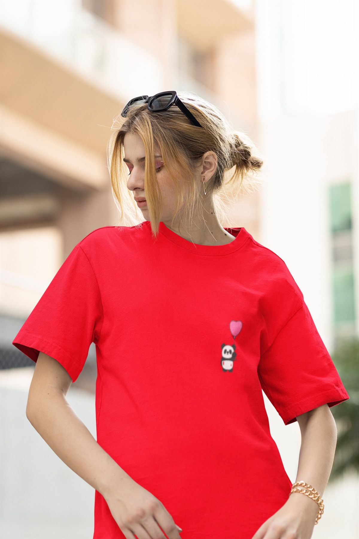 MG PANDA BASKILI KADIN BİSİKLET YAKA PAMUKLU OVERSIZE KALIP KISA KOLLU T-SHIRT