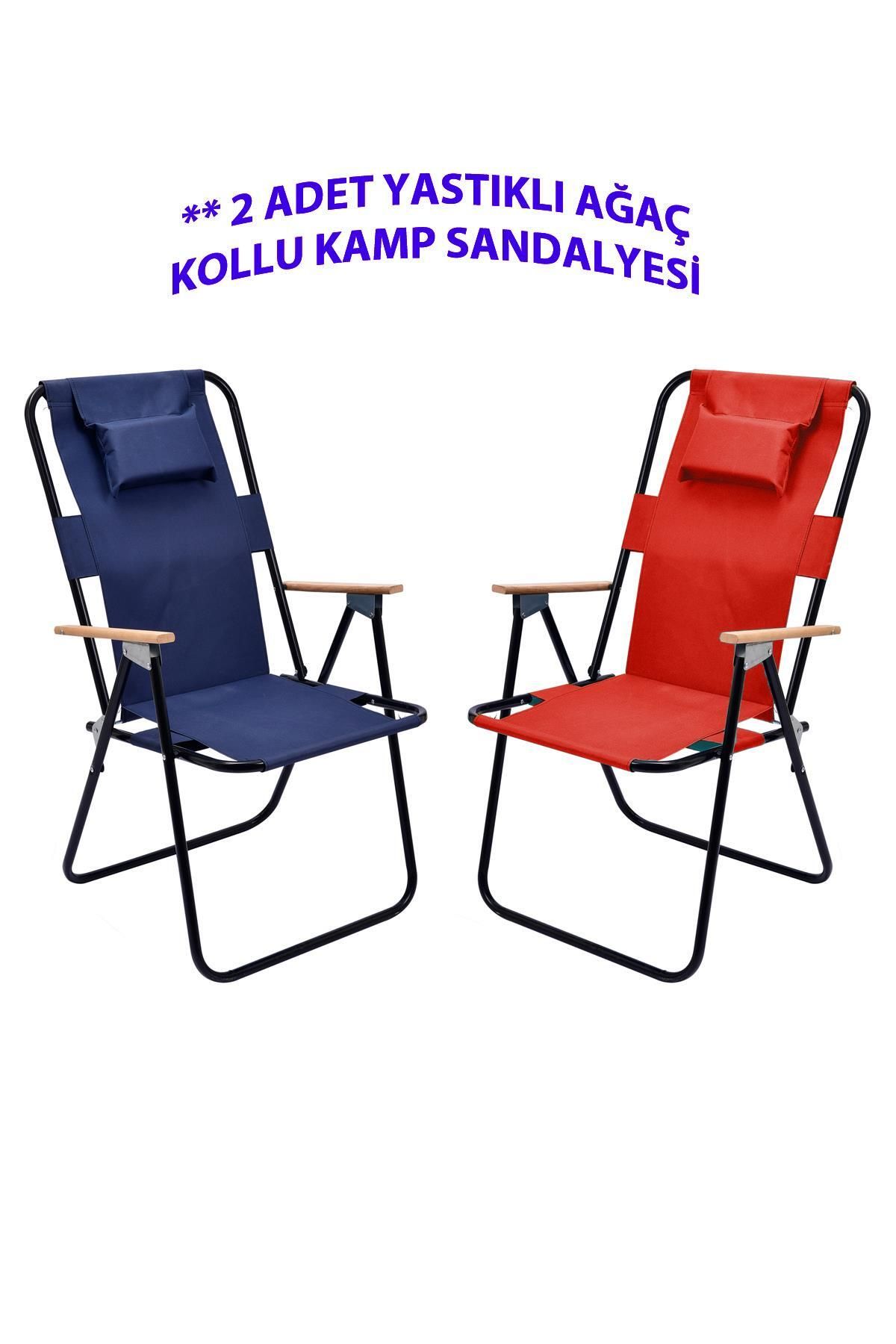 Exent 2' li Yastıklı yüksek sırtlı katlanır büyük boy kamp piknik sandalyesi, ağaç kollu-LACİVERT VE