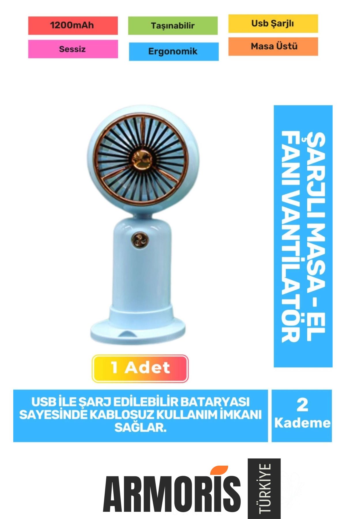 Armoris Yeni Seri Sessiz 2 Kademeli Hafif Kablosuz 1200mAh Taşınabilir Usb Şarjlı Masa El Fanı Vantilatör
