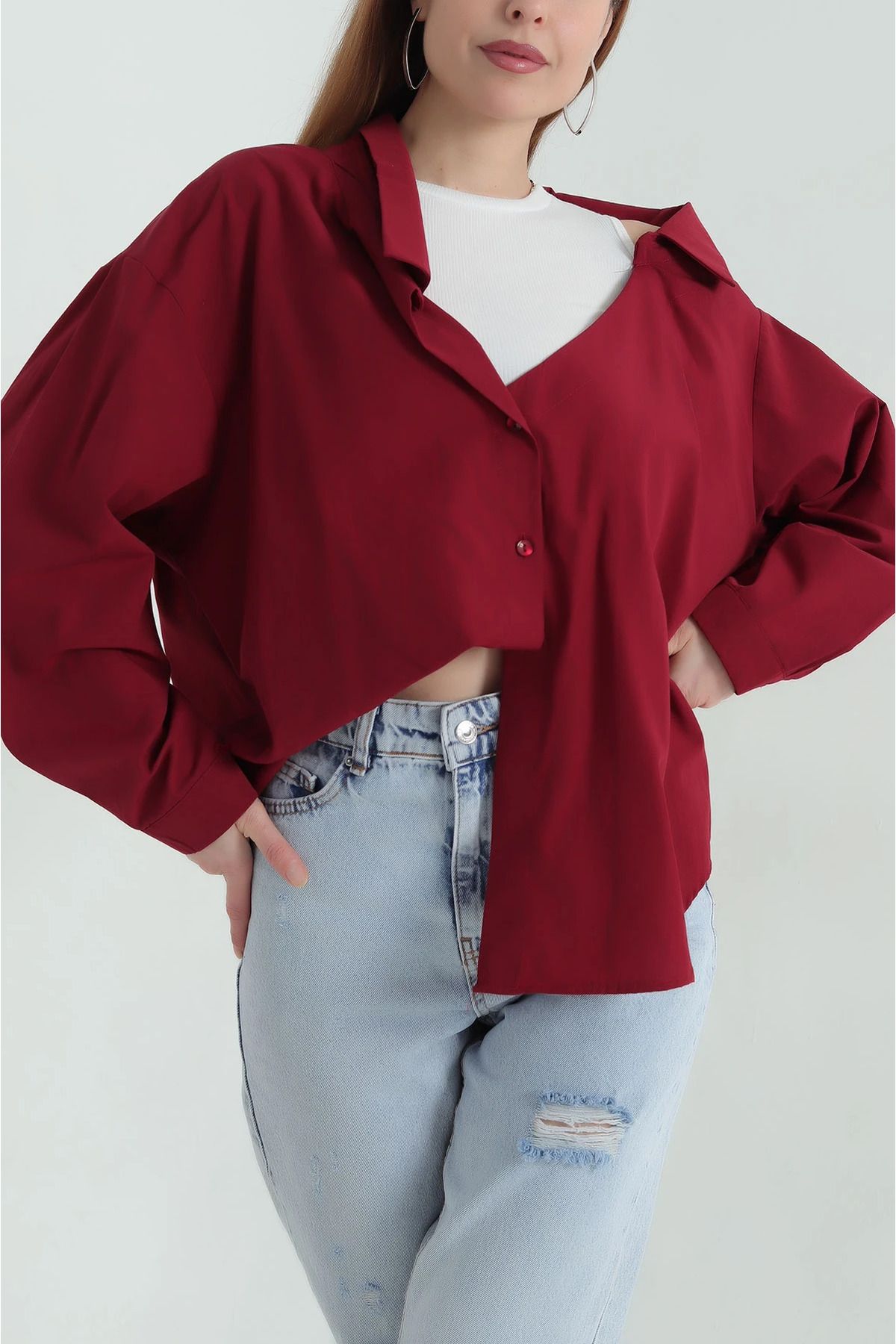 Secret Passion Lingerie Bordo Atlet Garnili Poplin Kadın Gömlek