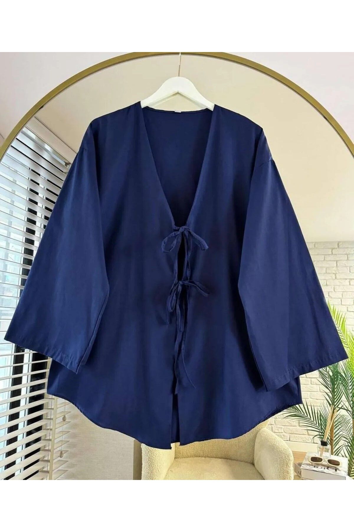 lobivia Önü Bağlamalı Mavi Kimono Tunik