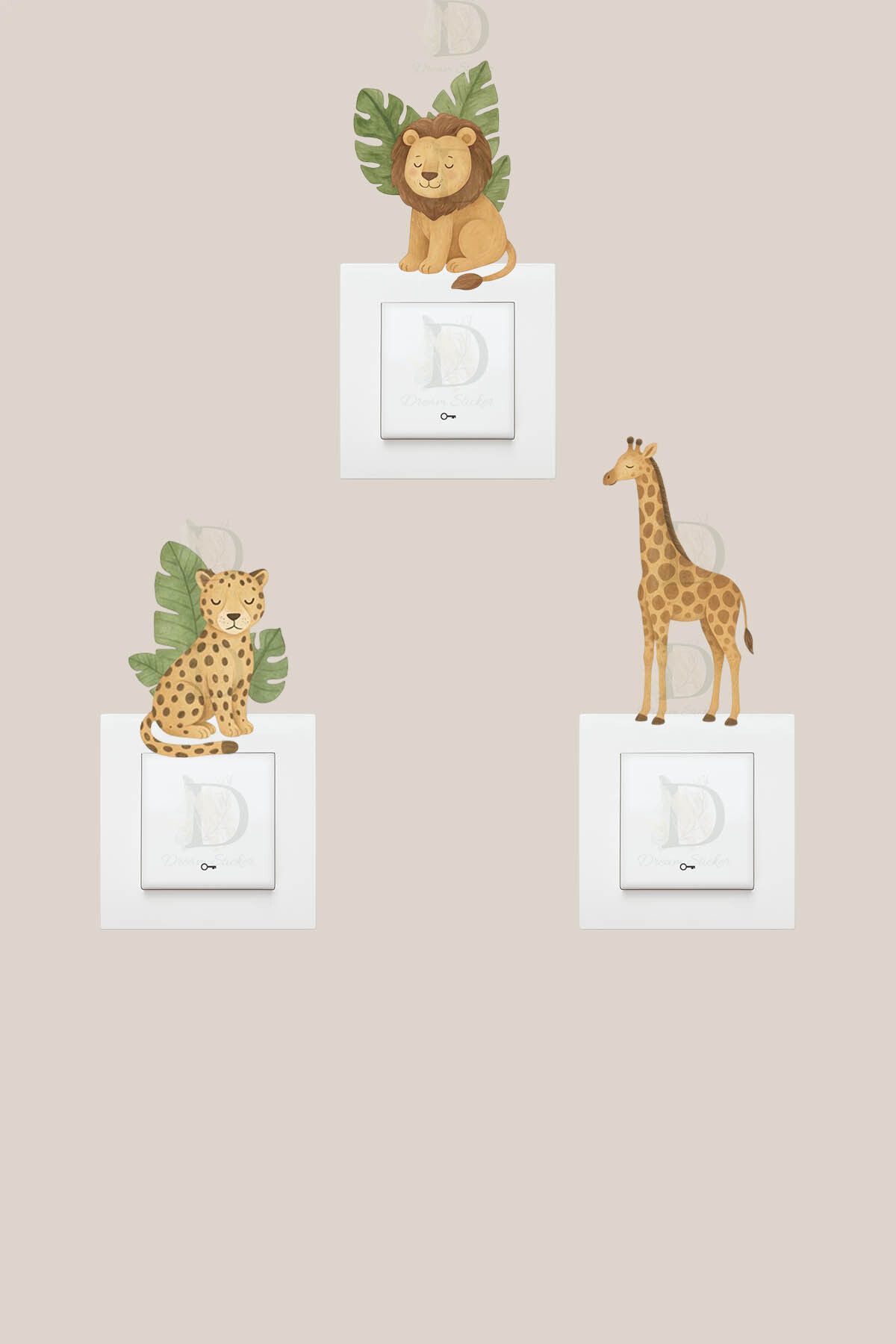 KT Decor Safari Hayvanları Aslan Leopar Zürafa 3'lü Priz Sticker Seti