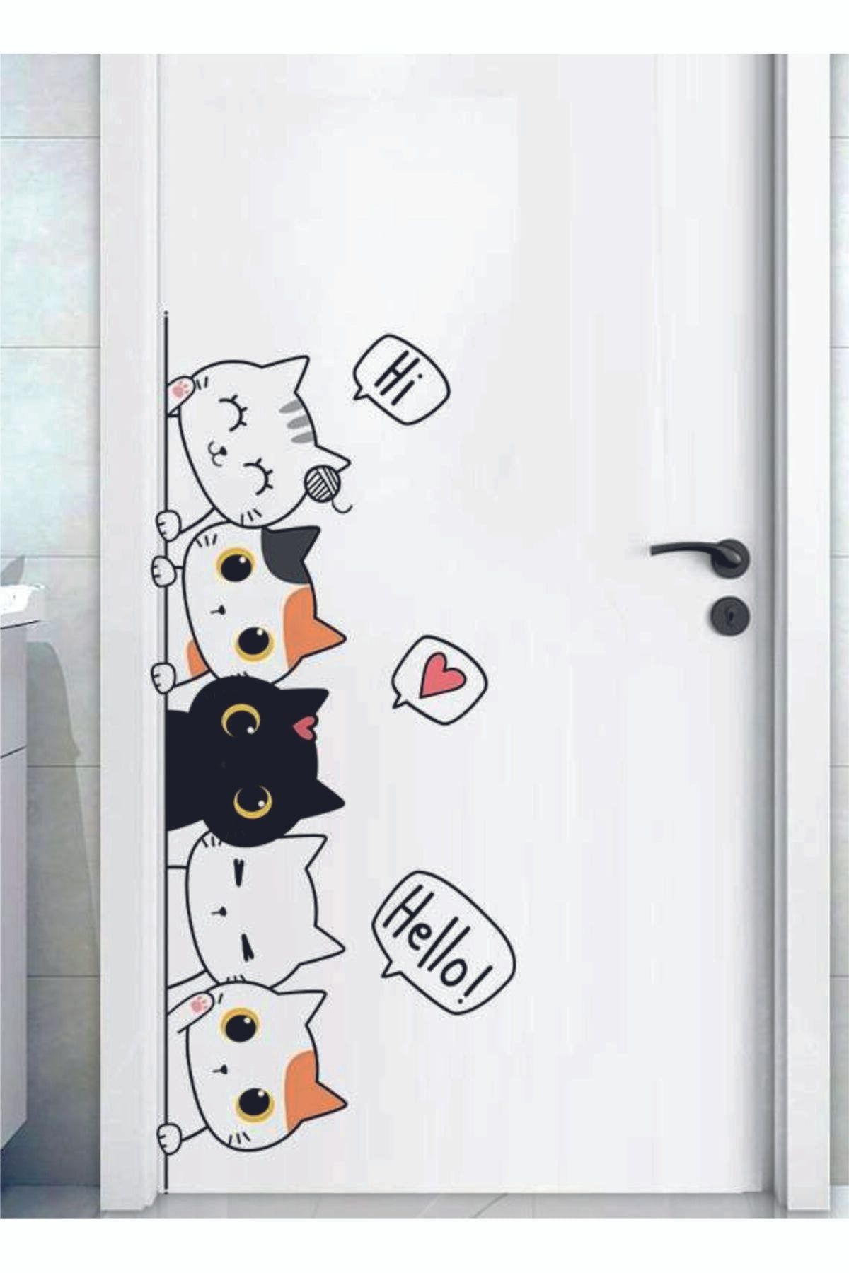 hediyenebak Sevimli Kediler Kapı Duvar Çocuk Odası Sticker 86x38 cm