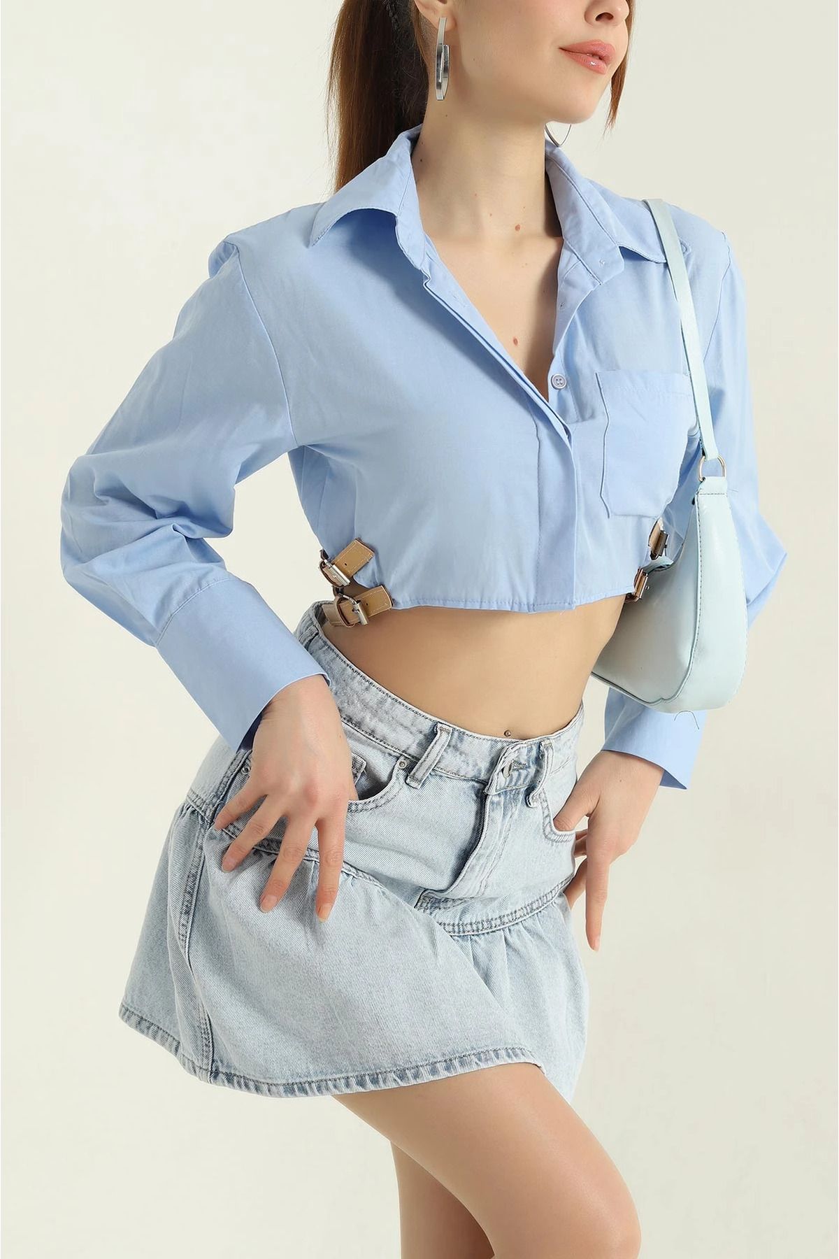 Secret Passion Lingerie Mavi Yanları Kemerli Poplin Kadın Gömlek Bluz