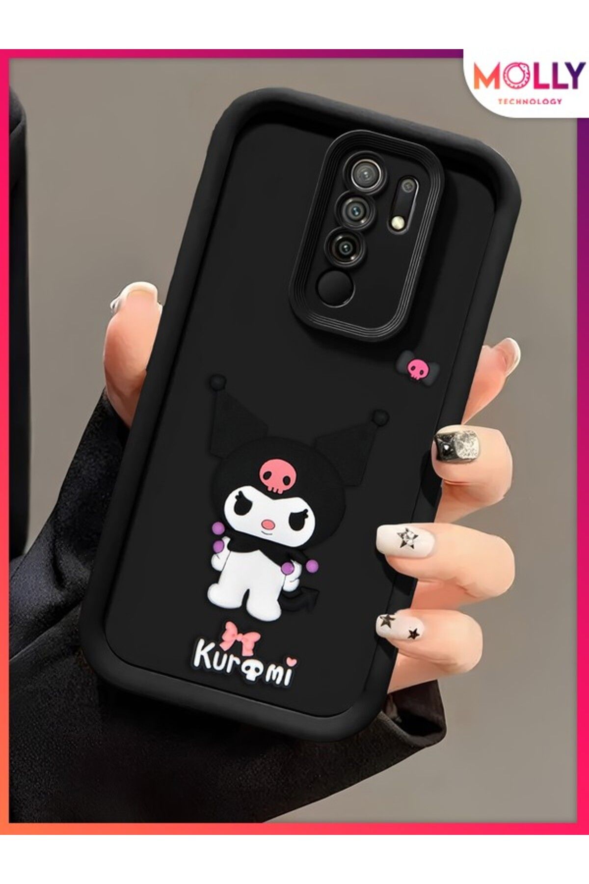 Molly Xiaomi Redmi 9 İçin Siyah Kenarları Kalın 3d Kabartmalı Kawaii Kuromi Silikon Kılıf