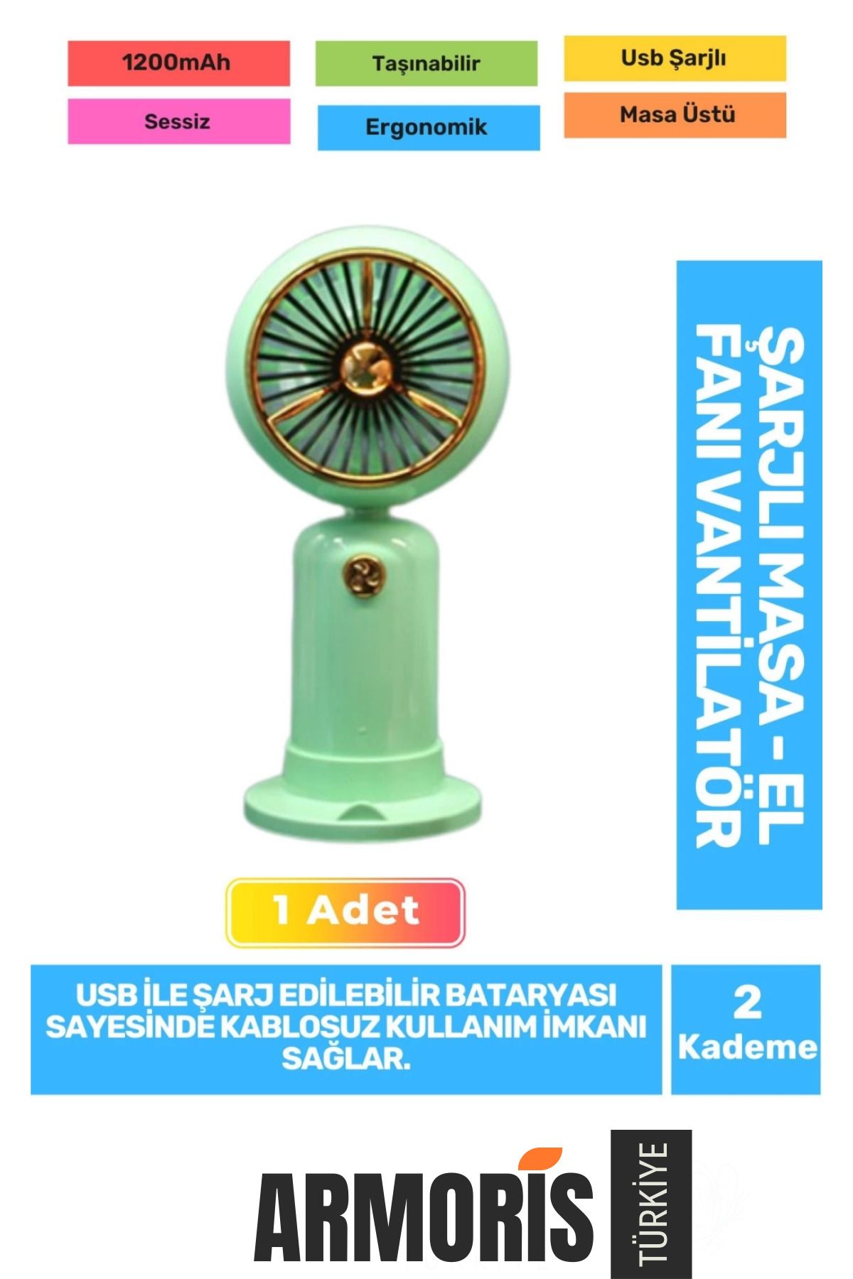 Armoris Yeni Seri Sessiz 2 Kademeli Hafif Kablosuz 1200mAh Taşınabilir Usb Şarjlı Masa El Fanı Vantilatör