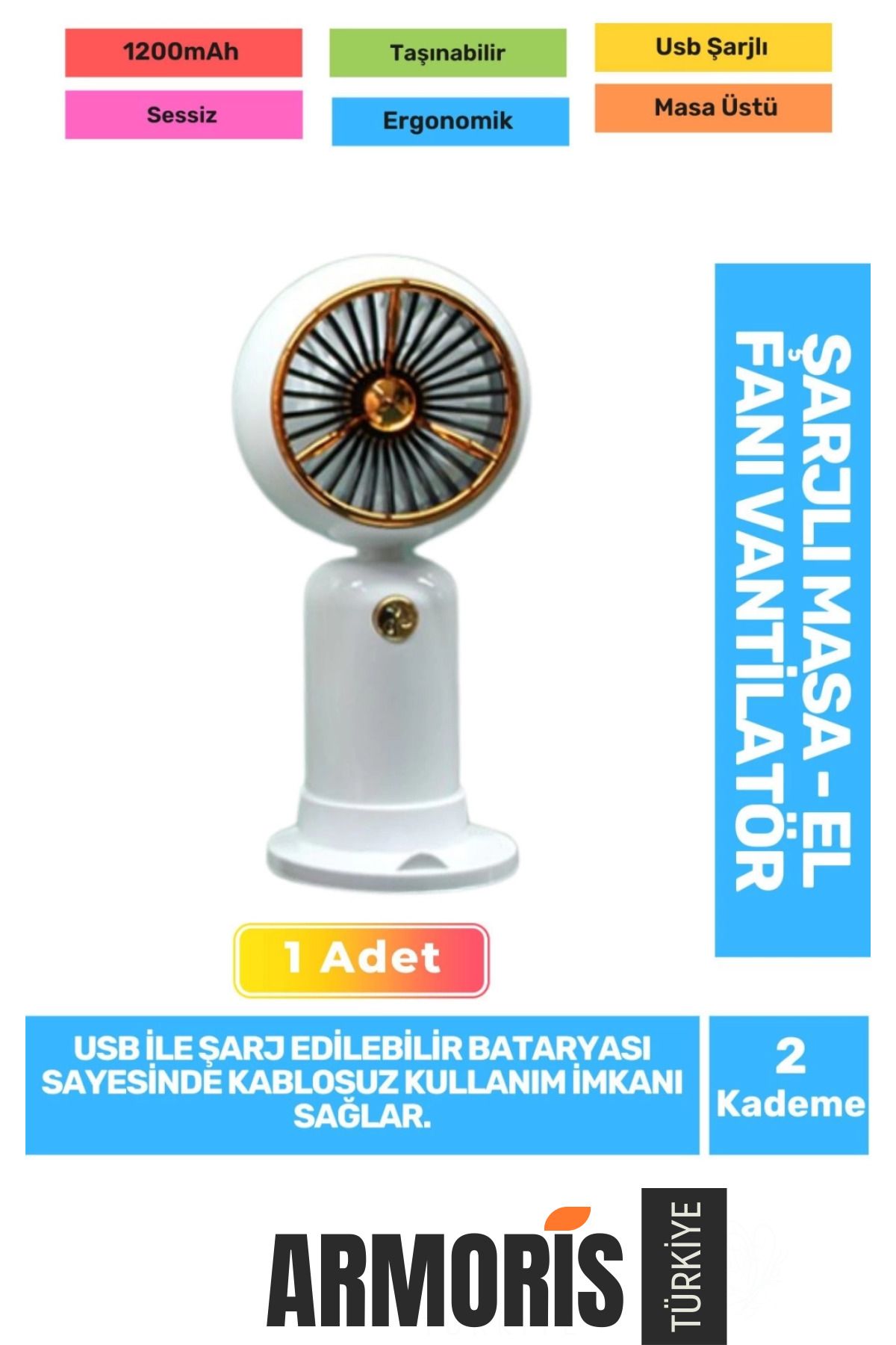 Armoris Yeni Seri Sessiz 2 Kademeli Hafif Kablosuz 1200mAh Taşınabilir Usb Şarjlı Masa El Fanı Vantilatör