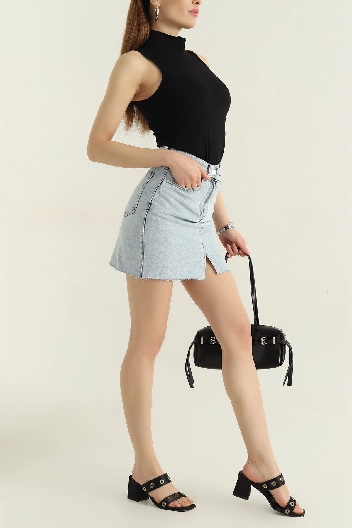 Secret Passion Lingerie Mavi Yırtmaçlı Cep Detay Kadın Kot Etek