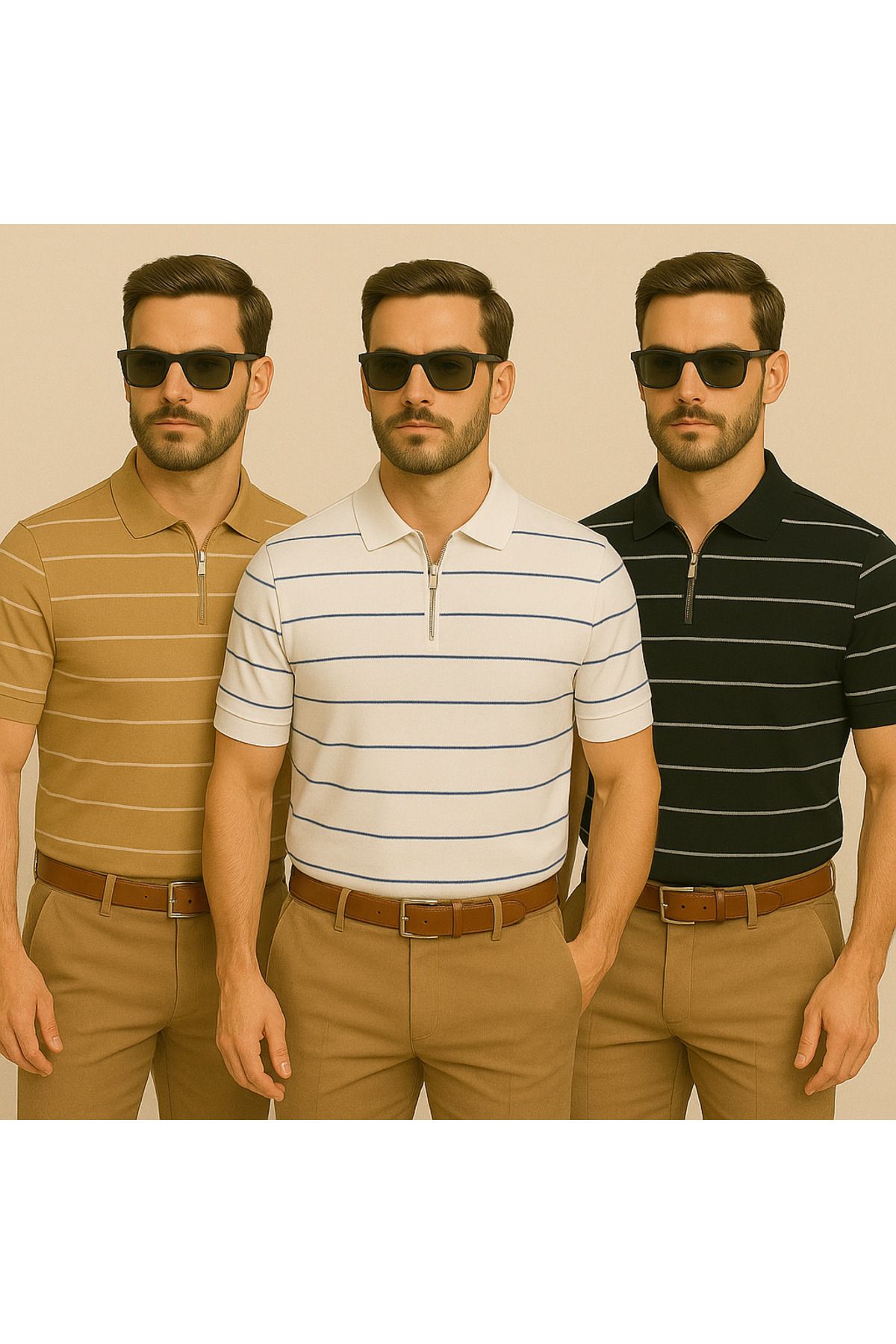 LC Waikiki Yarım Fermuar Triko Yatay Çizgi Desenli Erkek Polo Yaka T-Shirt 3'lü Paket
