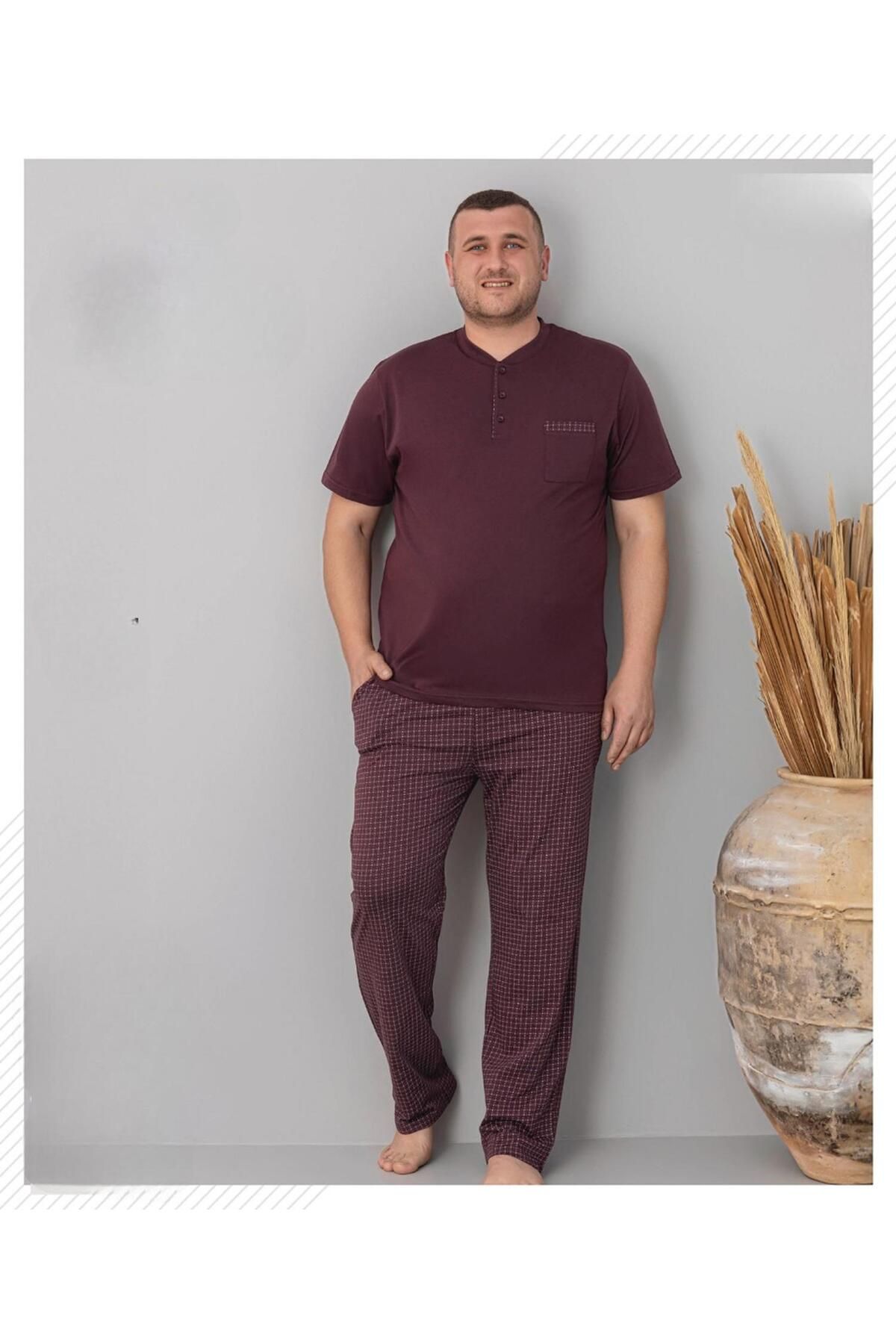 Pijamoni Erkek Battal Düğme Yaka Penye Kısa Kol Pijama Takımı 6730/2 - 1 Adet