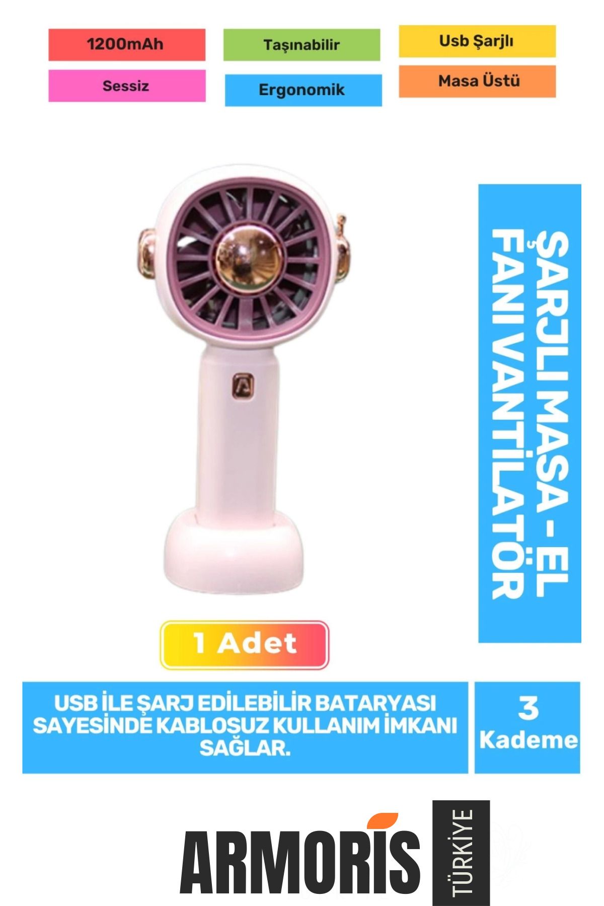 Armoris Yeni Seri Sessiz 3 Kademeli Hafif Kablosuz 1200mAh Taşınabilir Usb Şarjlı Masa El Fanı Vantilatör