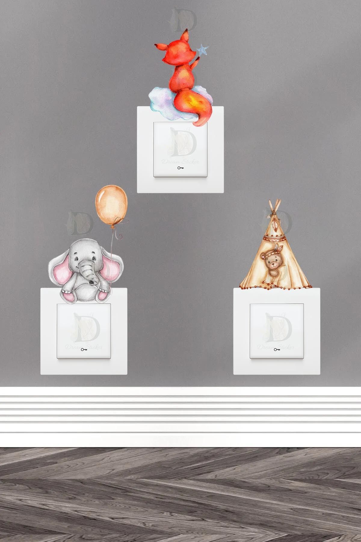 KT Decor Fil Ayıcık ve Tilki Pastel Renk 3'lü Priz Sticker Seti