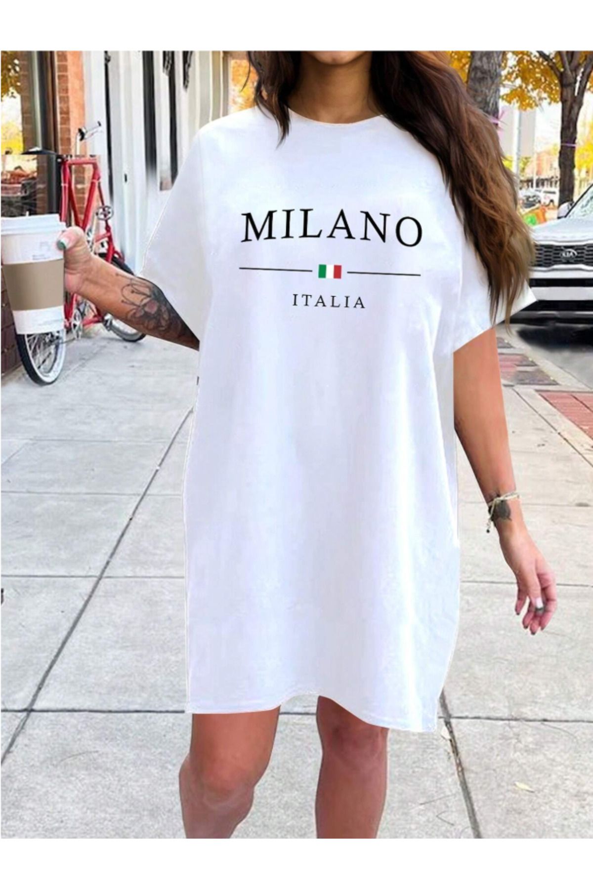 JAMPY Kadın Düz Renkli Uzun Basic Elbise MILANO Özel Baskılı Oversize Pamuklu T-Shirt Tişört
