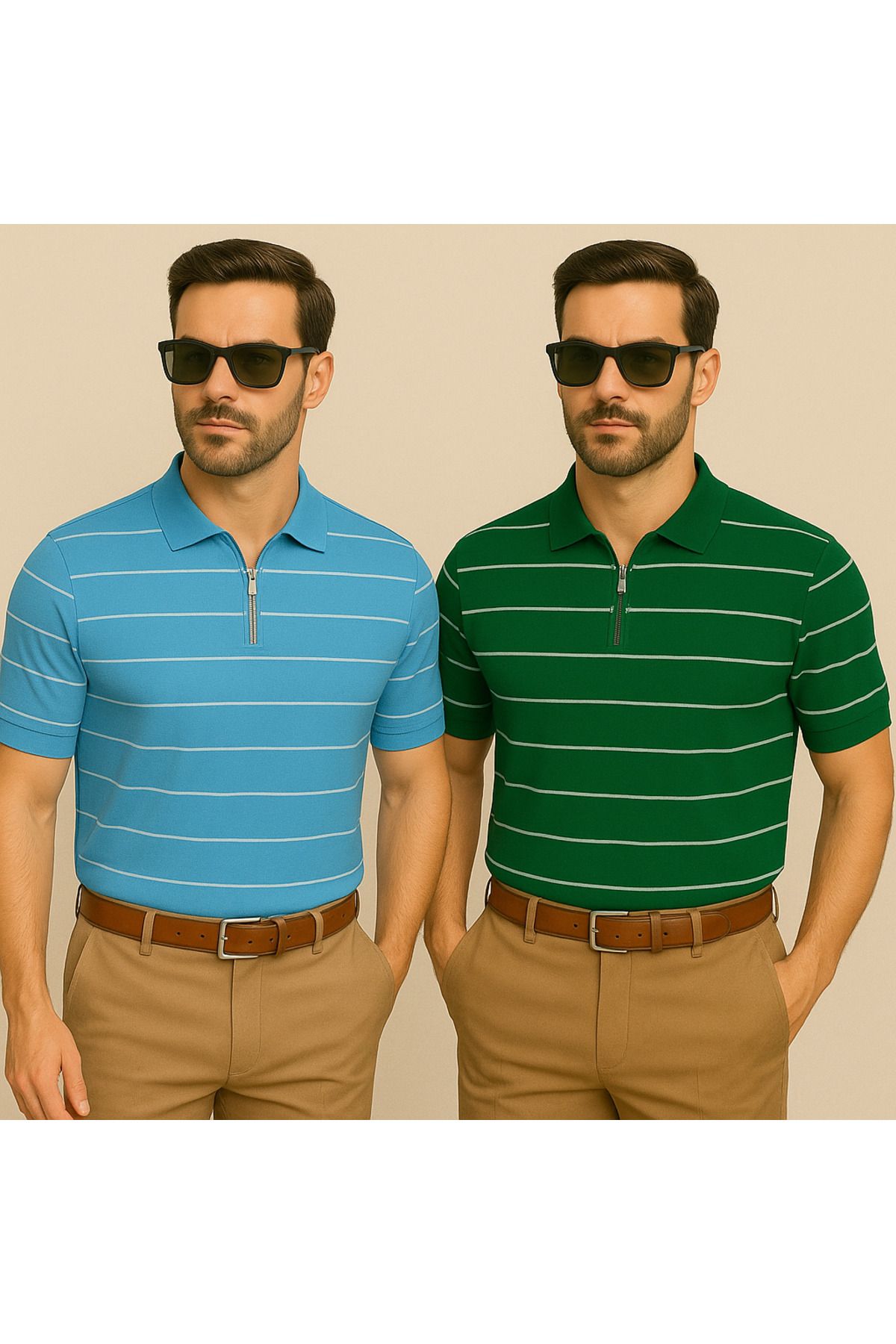 LC Waikiki Yarım Fermuar Triko Yatay Çizgi Desenli Erkek Polo Yaka T-Shirt 2'li Paket