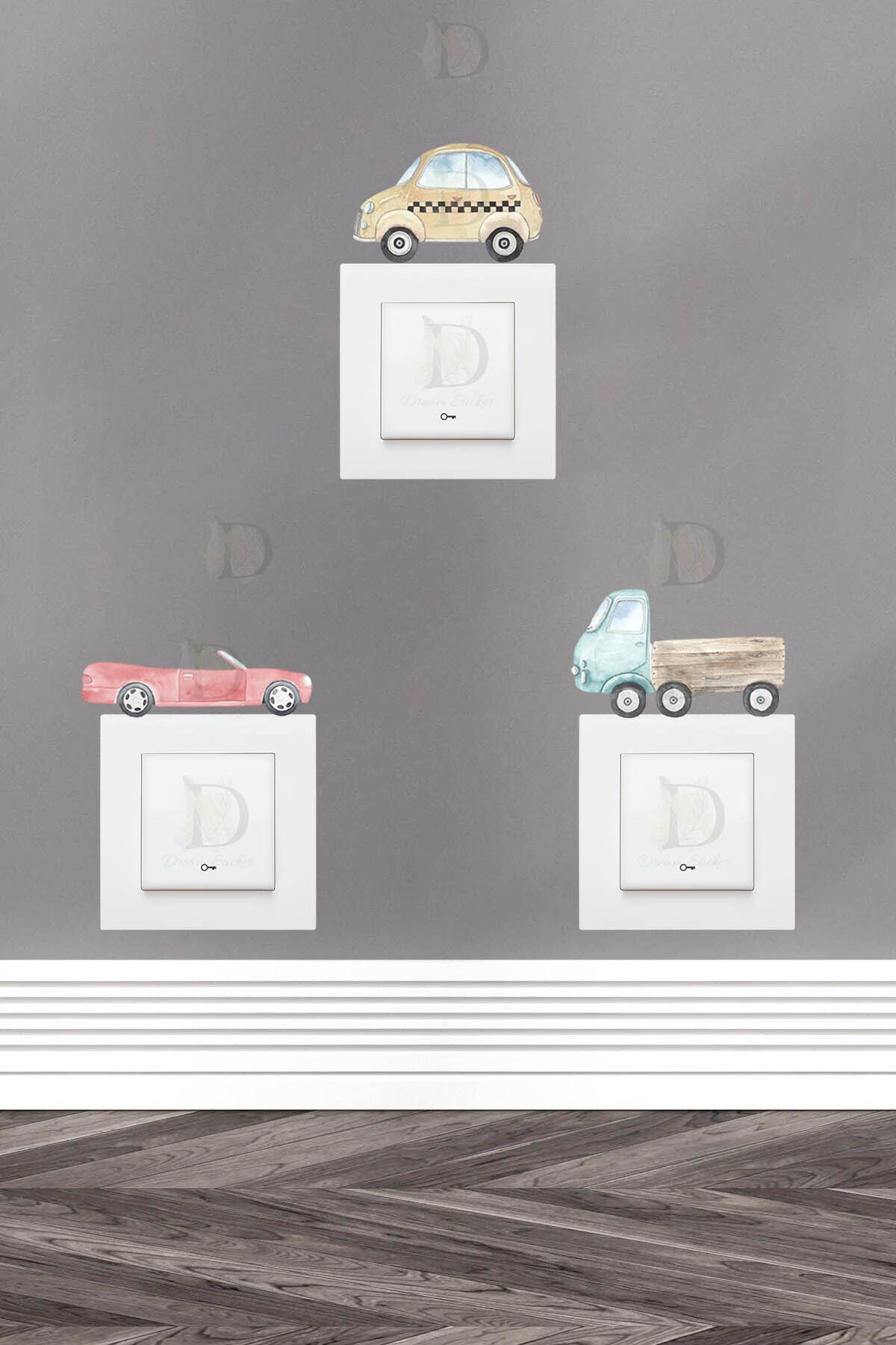 KT Decor Retro Arabalar 3'lü Priz Sticker Seti