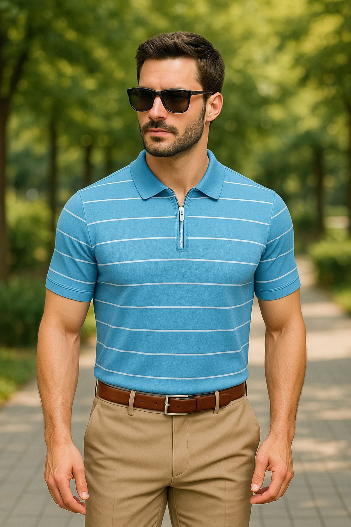 LC Waikiki Yarım Fermuar Triko Yatay Çizgi Desenli Erkek Polo Yaka T-Shirt