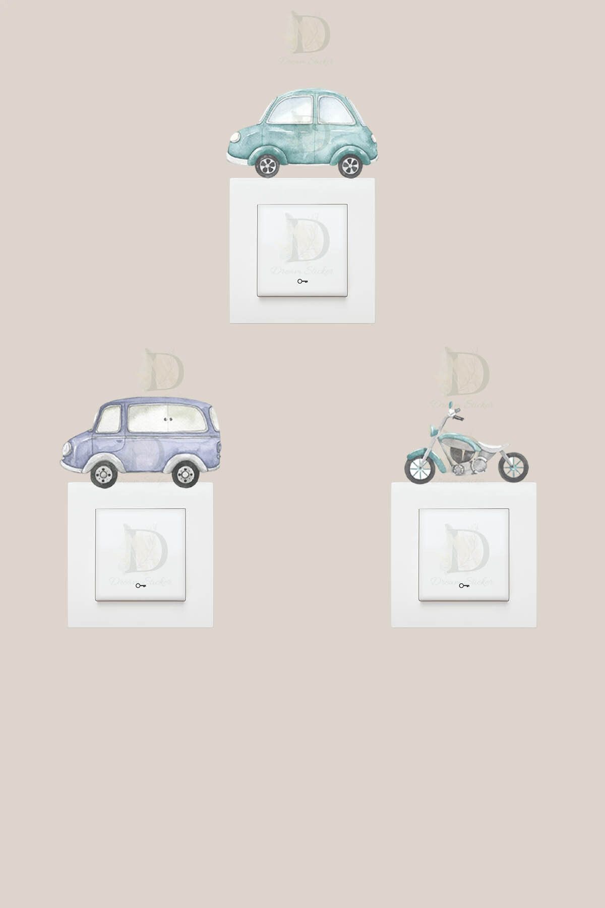 KT Decor Retro Arabalar 3'lü Priz Sticker Seti