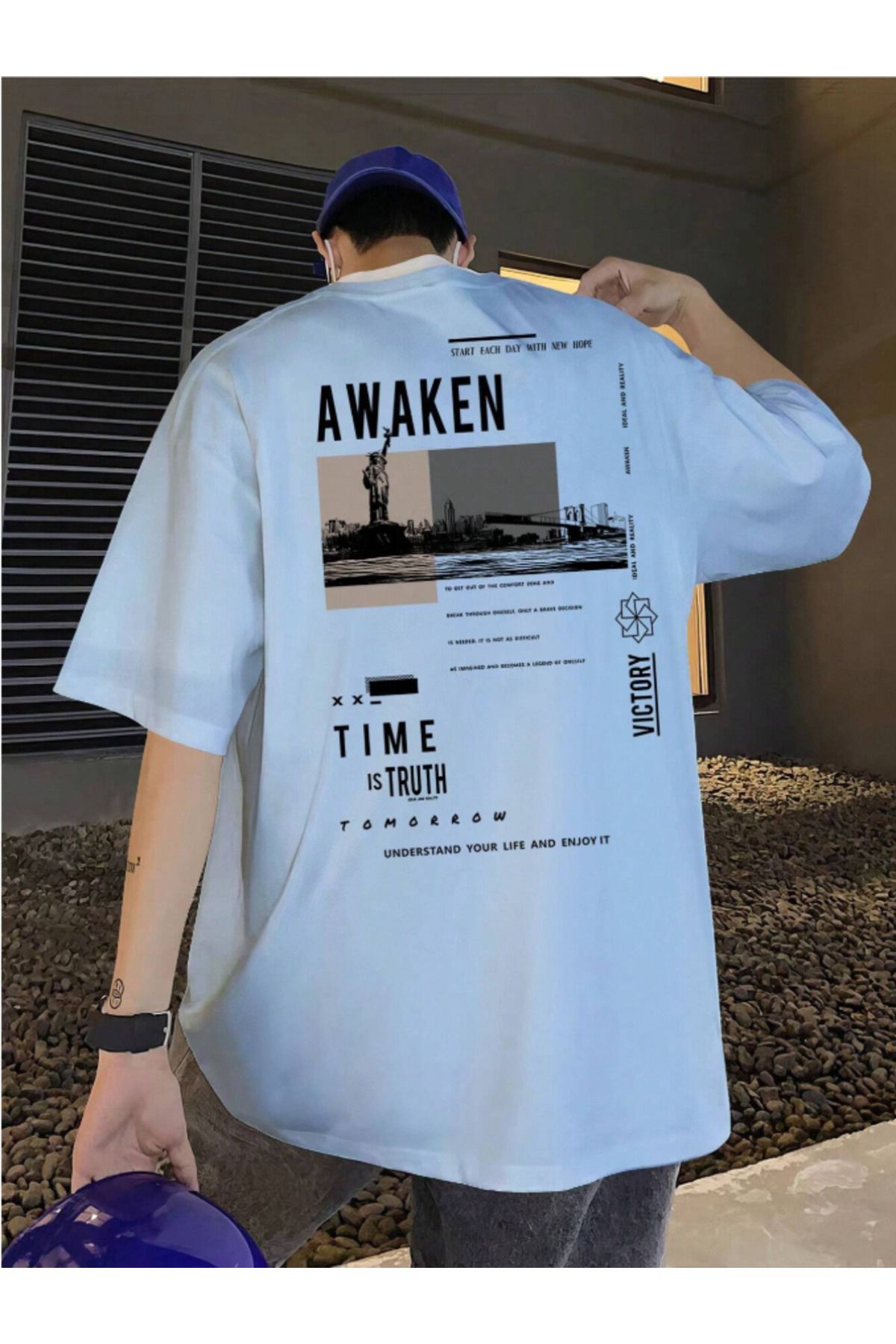 JAMPY Unisex Erkek/Kadın AWAKEN Özel Baskılı Oversize Pamuklu T-Shirt Tişört