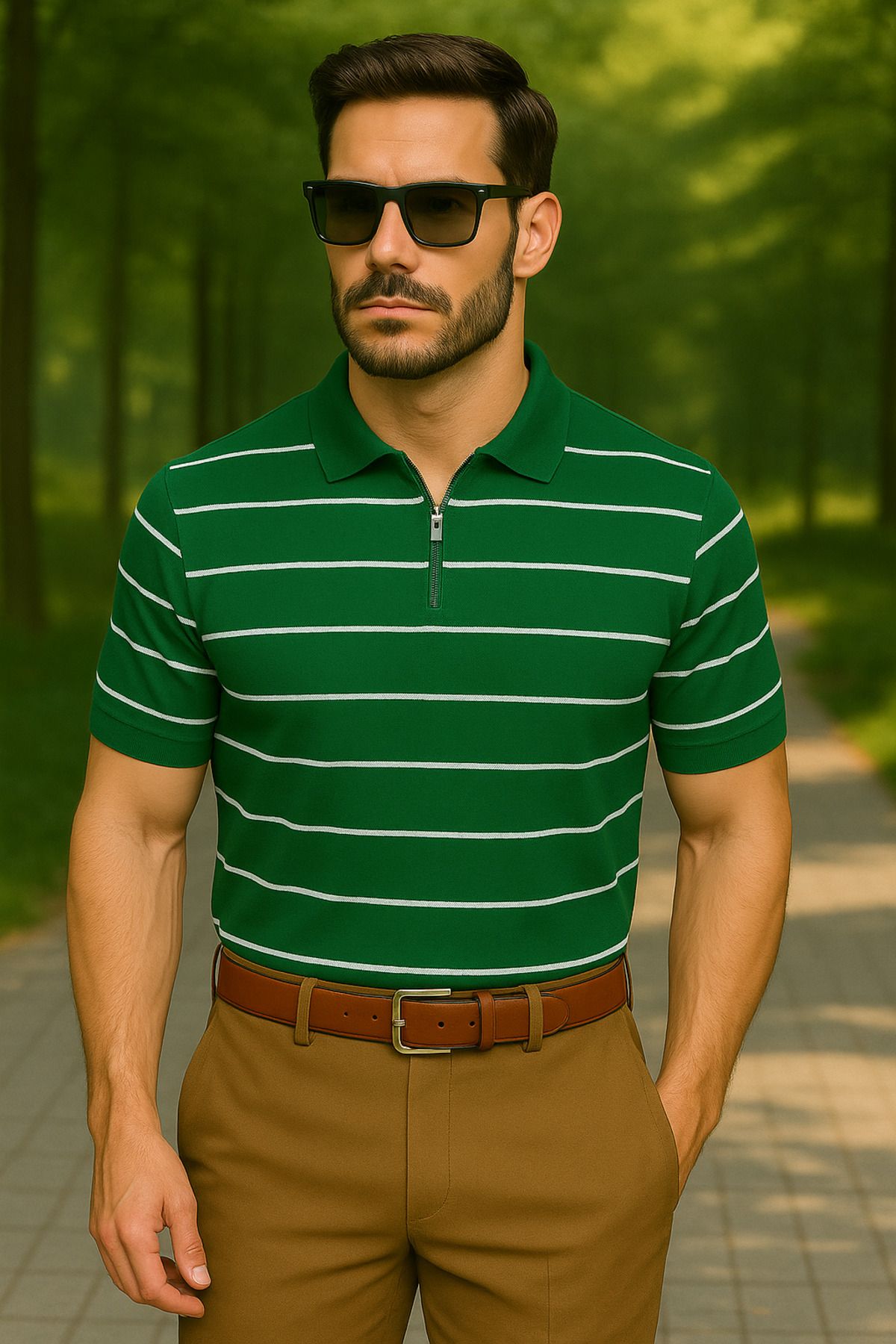LC Waikiki Yarım Fermuar Triko Yatay Çizgi Desenli Erkek Polo Yaka T-Shirt