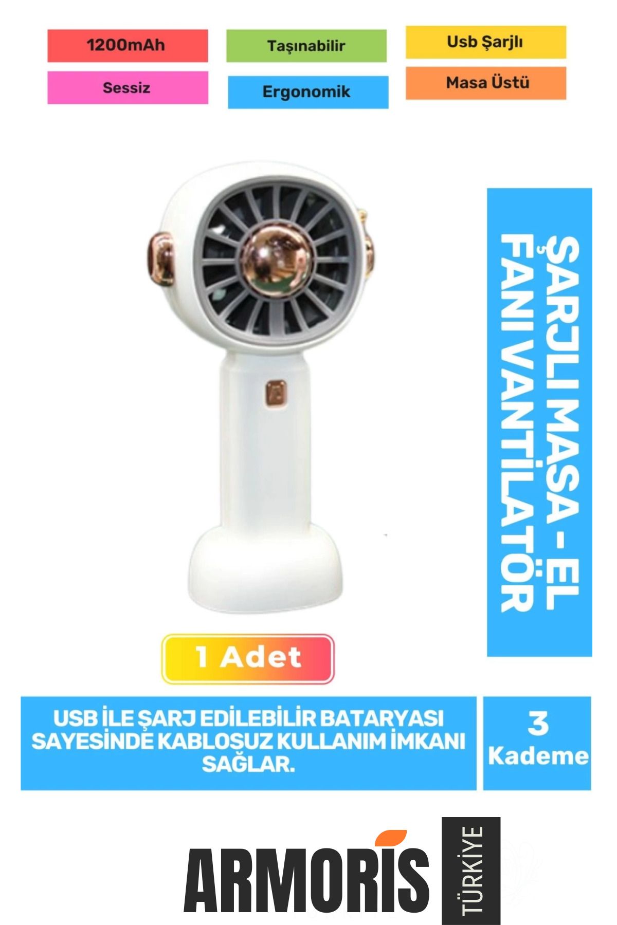 Armoris Yeni Seri Sessiz 3 Kademeli Hafif Kablosuz 1200mAh Taşınabilir Usb Şarjlı Masa El Fanı Vantilatör