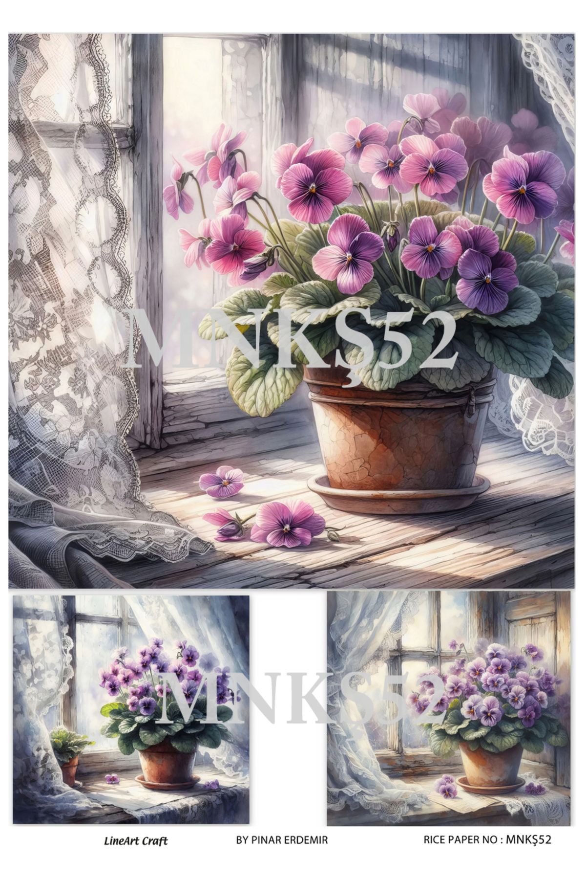 LİNEART Menekşe Serisi Mor Menekşe Desenli MNKŞ52 29*42 cm Pirinç Dekopaj