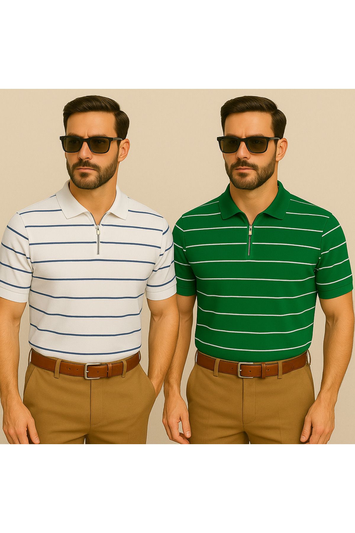 LC Waikiki Yarım Fermuar Triko Yatay Çizgi Desenli Erkek Polo Yaka T-Shirt 2'li Paket