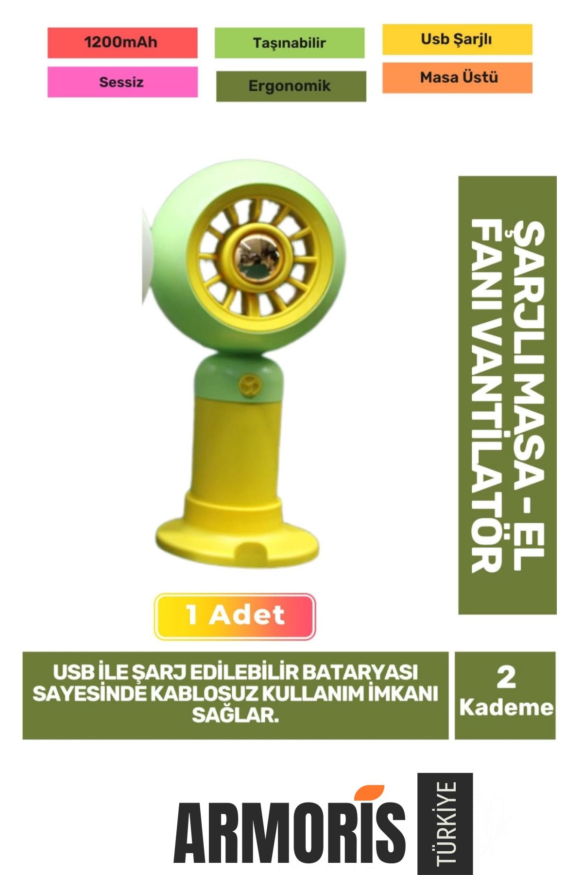 Armoris Yeni Seri Sessiz 2 Kademeli Hafif Kablosuz 1200mAh Taşınabilir Usb Şarjlı Masa El Fanı Vantilatör