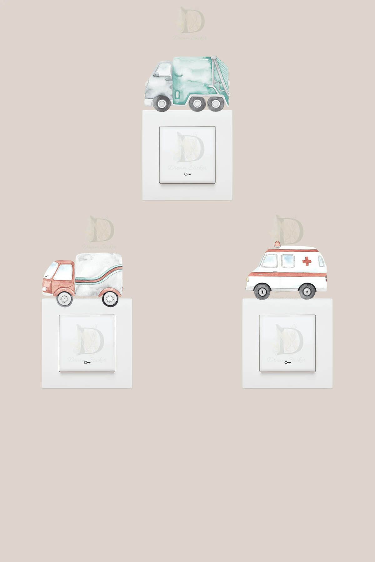 KT Decor Retro Arabalar 3'lü Priz Sticker Seti