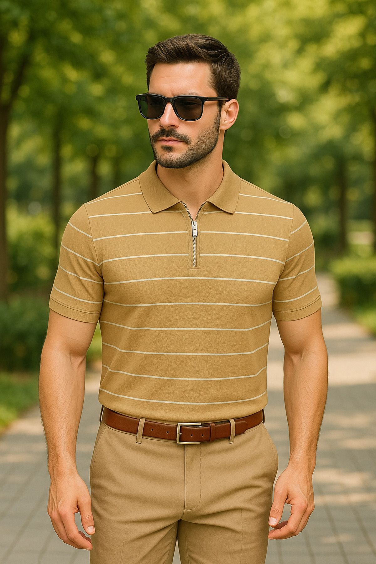 LC Waikiki Yarım Fermuar Triko Yatay Çizgi Desenli Erkek Polo Yaka T-Shirt