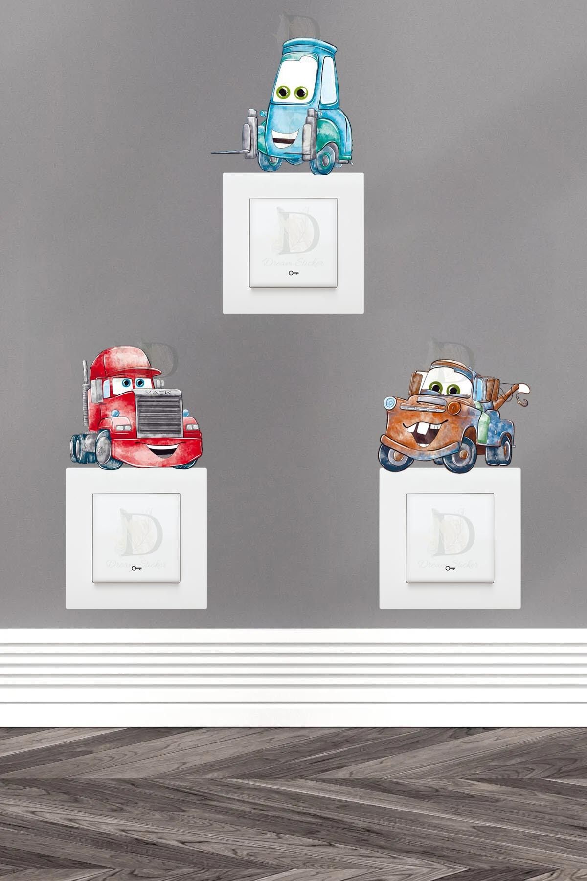 KT Decor Arabalar Pastel Renk 3'lü Priz Sticker Seti