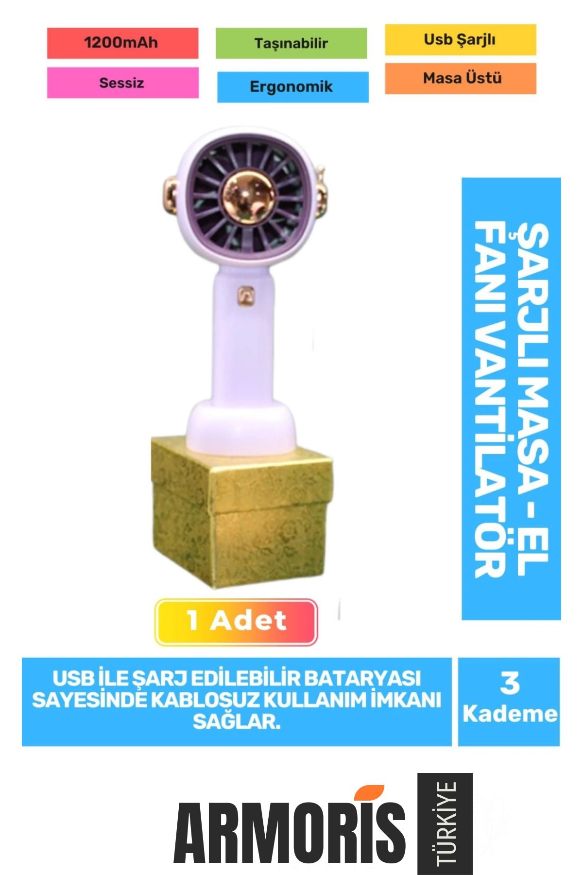 Armoris Yeni Seri Sessiz 3 Kademeli Hafif Kablosuz 1200mAh Taşınabilir Usb Şarjlı Masa El Fanı Vantilatör