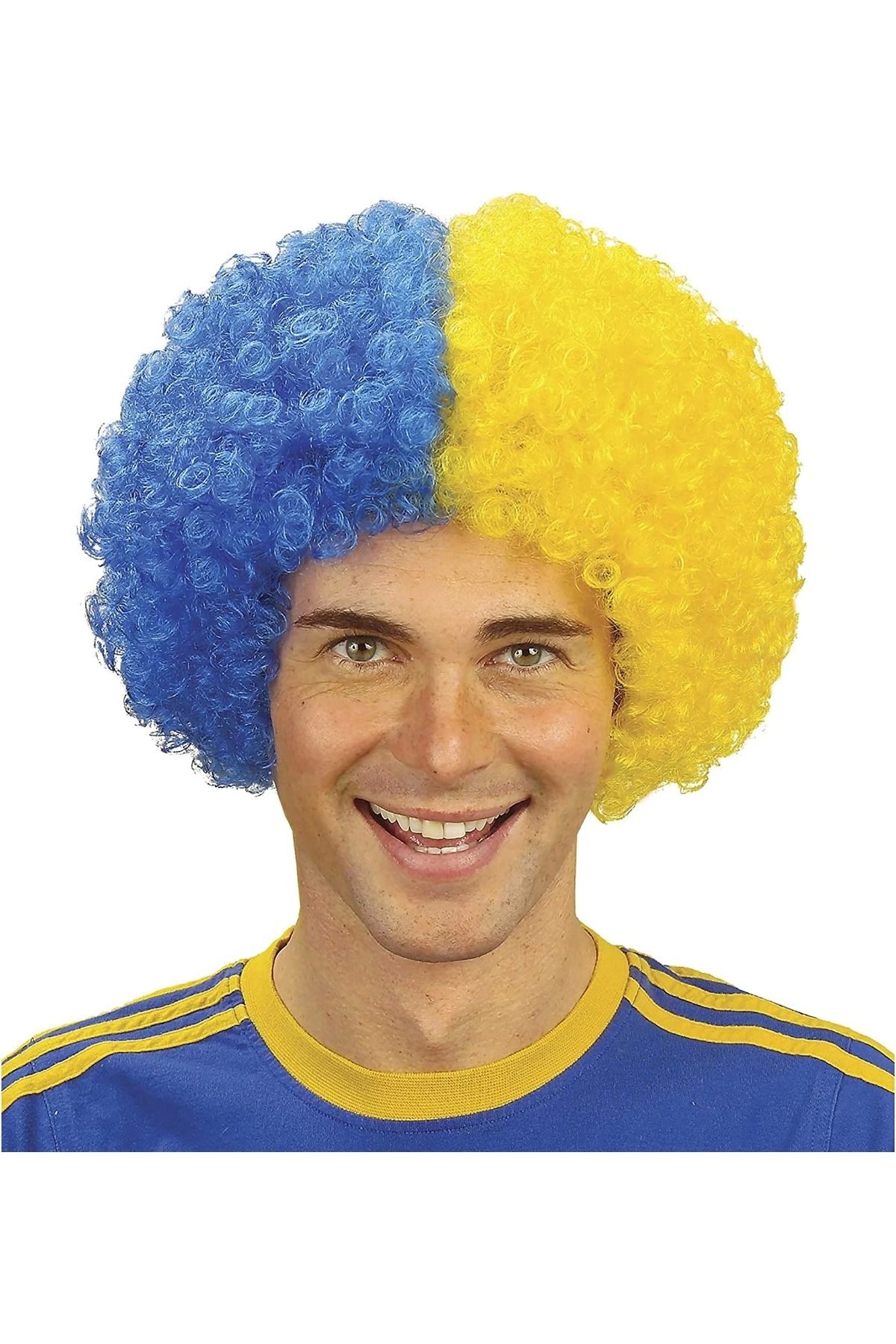 TTT Sarı Lacivert Kıvırcık Afro Bonus Taraftar Peruğu