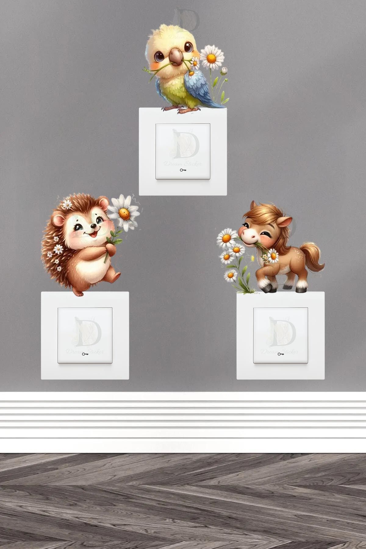 KT Decor Papatyalı Sevimli Hayvanlar 3'lü Priz Sticker Seti