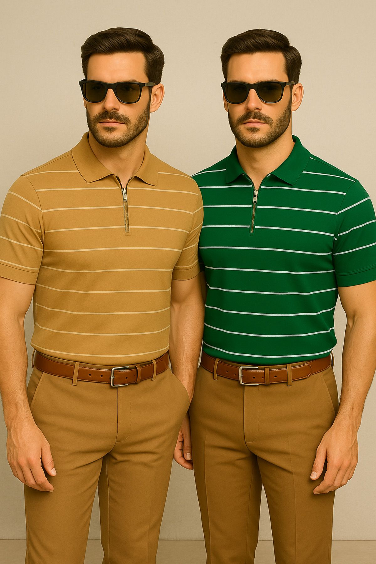 LC Waikiki Yarım Fermuar Triko Yatay Çizgi Desenli Erkek Polo Yaka T-Shirt 2'li Paket