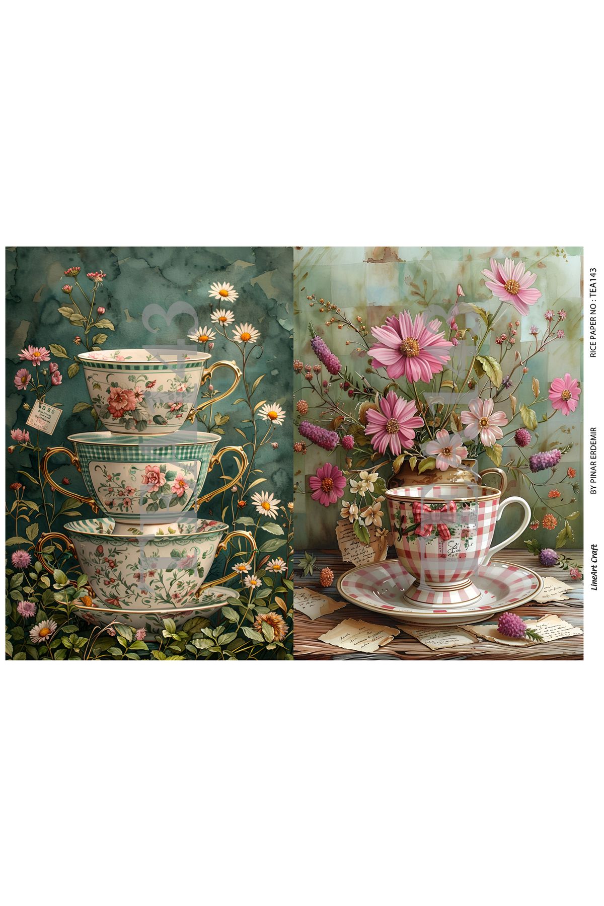 LİNEART Çay Partisi Serisi TEA143 Fincan, Çiçek Desenli 29*42 cm Pirinç Dekopaj