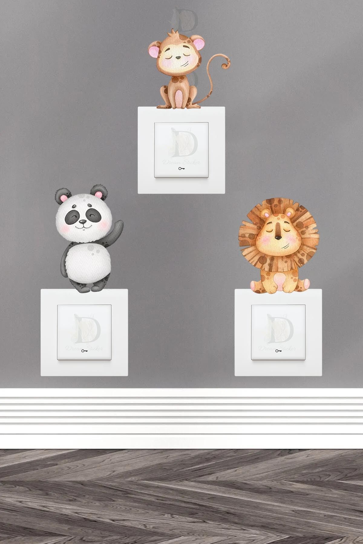 KT Decor Neşeli Safari Hayvanları Pastel Renk Çocuk Odası 3'lü Priz Sticker Seti