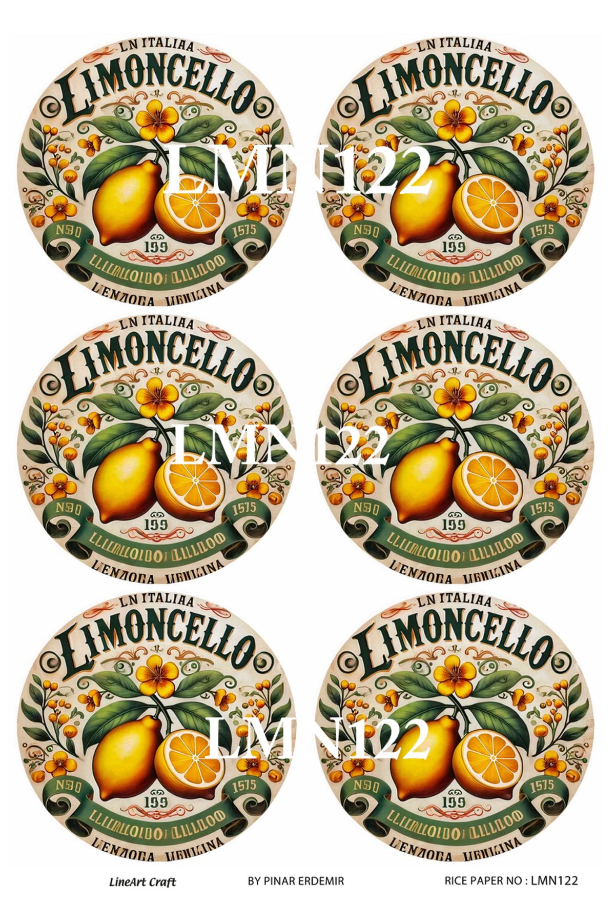 LİNEART Limon Serisi LMN122 Çoklu, Limon, Limoncello Desenli 29*42 cm Pirinç Dekopaj