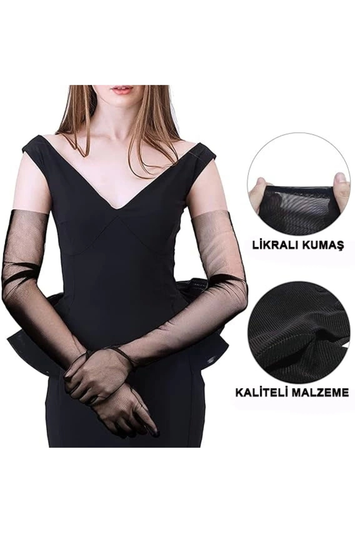 UZAY ONLİNE-Long Length Lycra Black Adult Mega Tulle Gloves 4