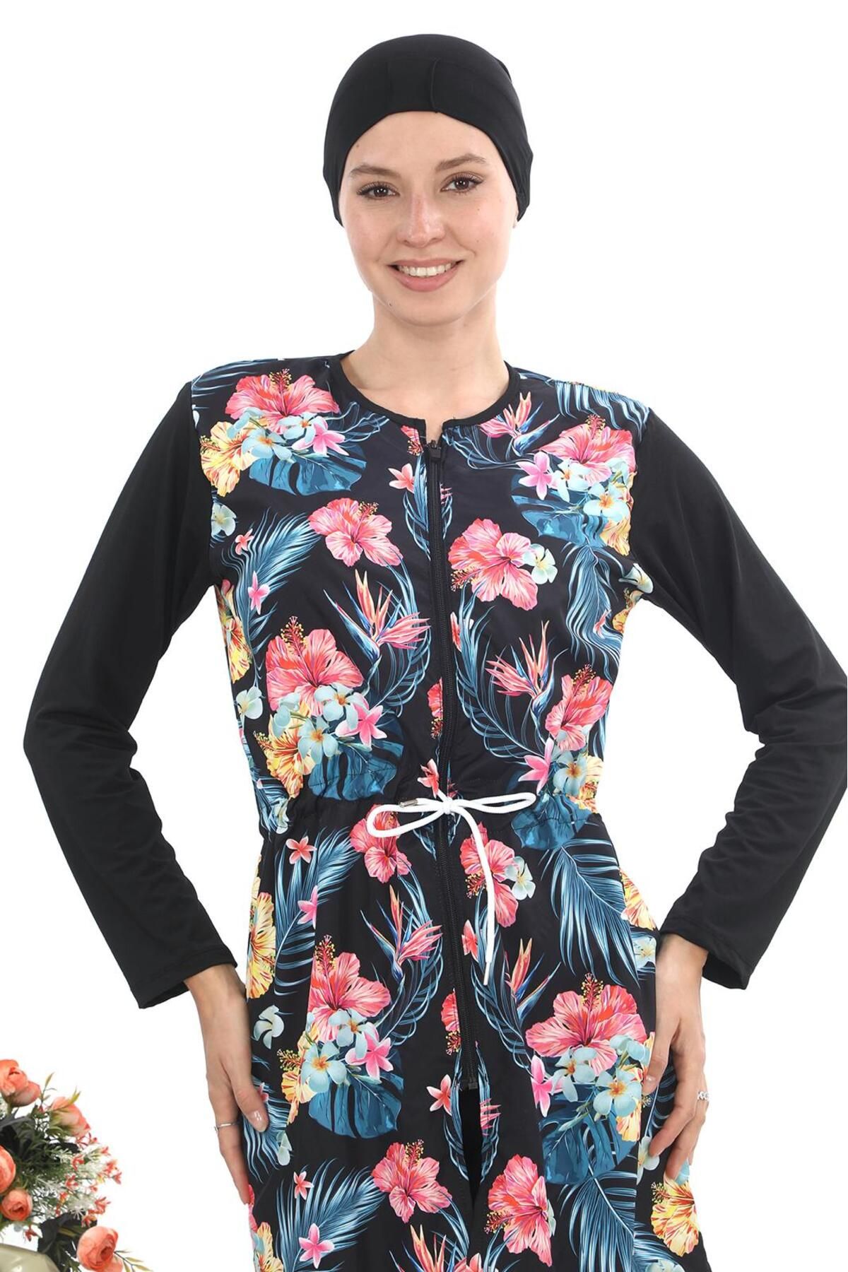 EB beachwear Çi̇çek Desenli̇ Su İti̇ci̇ Paraşüt Kumaş Tesettür Mayo
