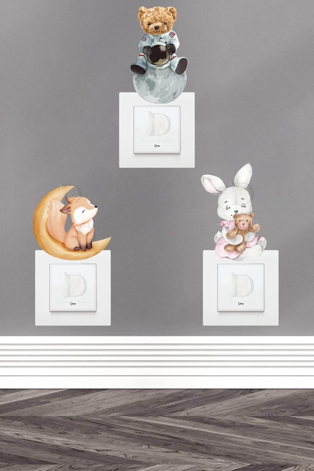 KT Decor Soft Renk hayvanlar Çocuk Odası 3'lü Priz Sticker Seti