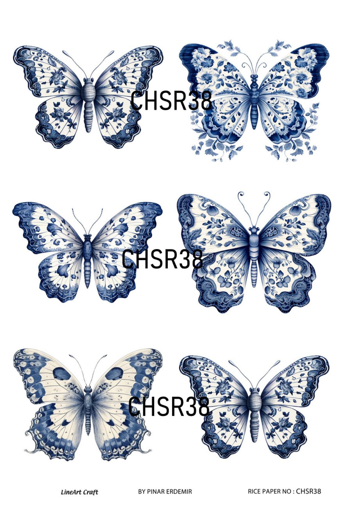 LİNEART Chino Serisi CHSR38 Mavi Beyaz Kelebek Desenli 29*42 cm Pirinç Dekopaj