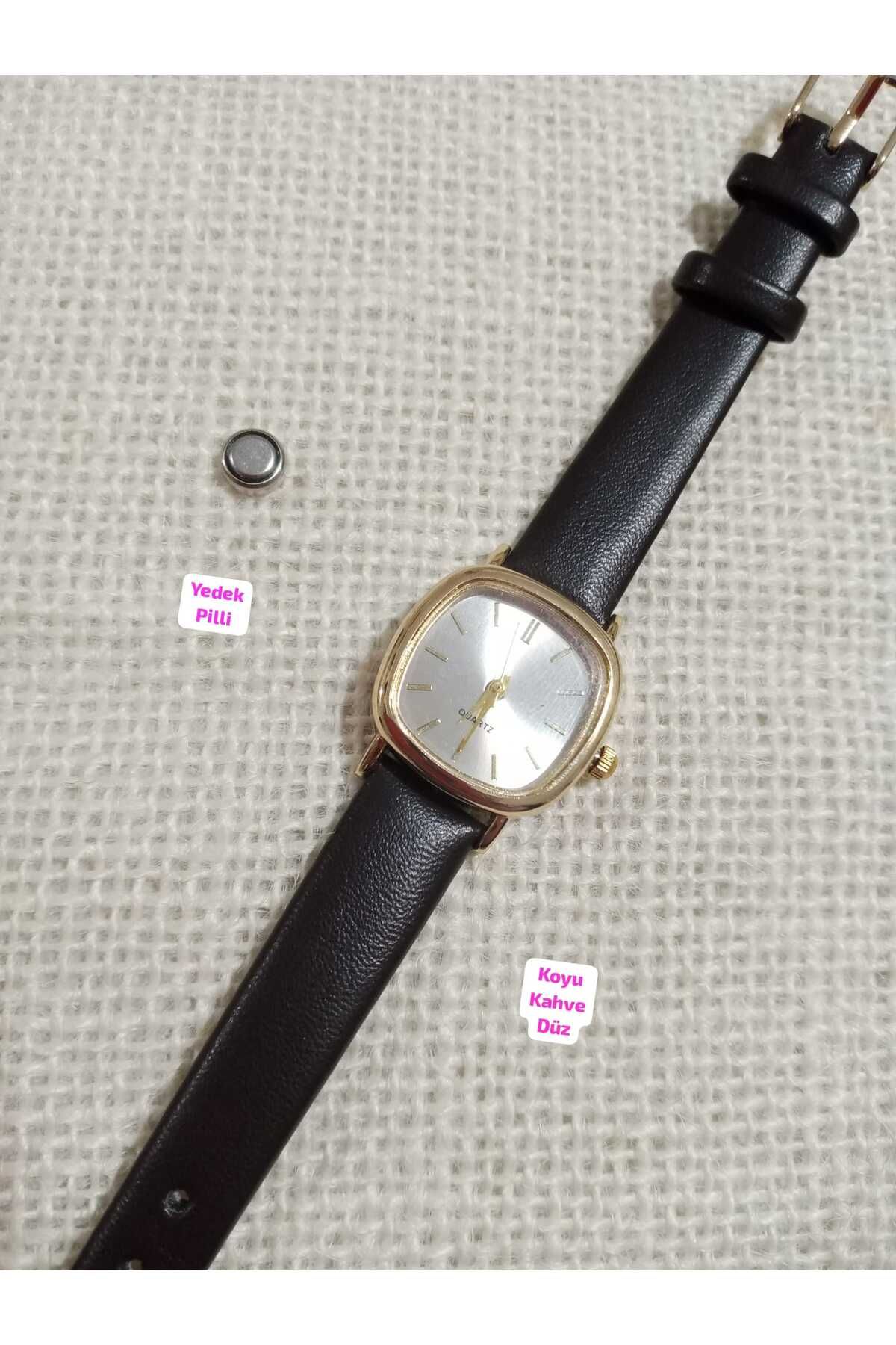 Brality Retro Model Vintage Minimal Oval GOLD Kasa KOYU KAHVE Kordonlu Kadın Kol Saati YEDEK PİLLİ 0021