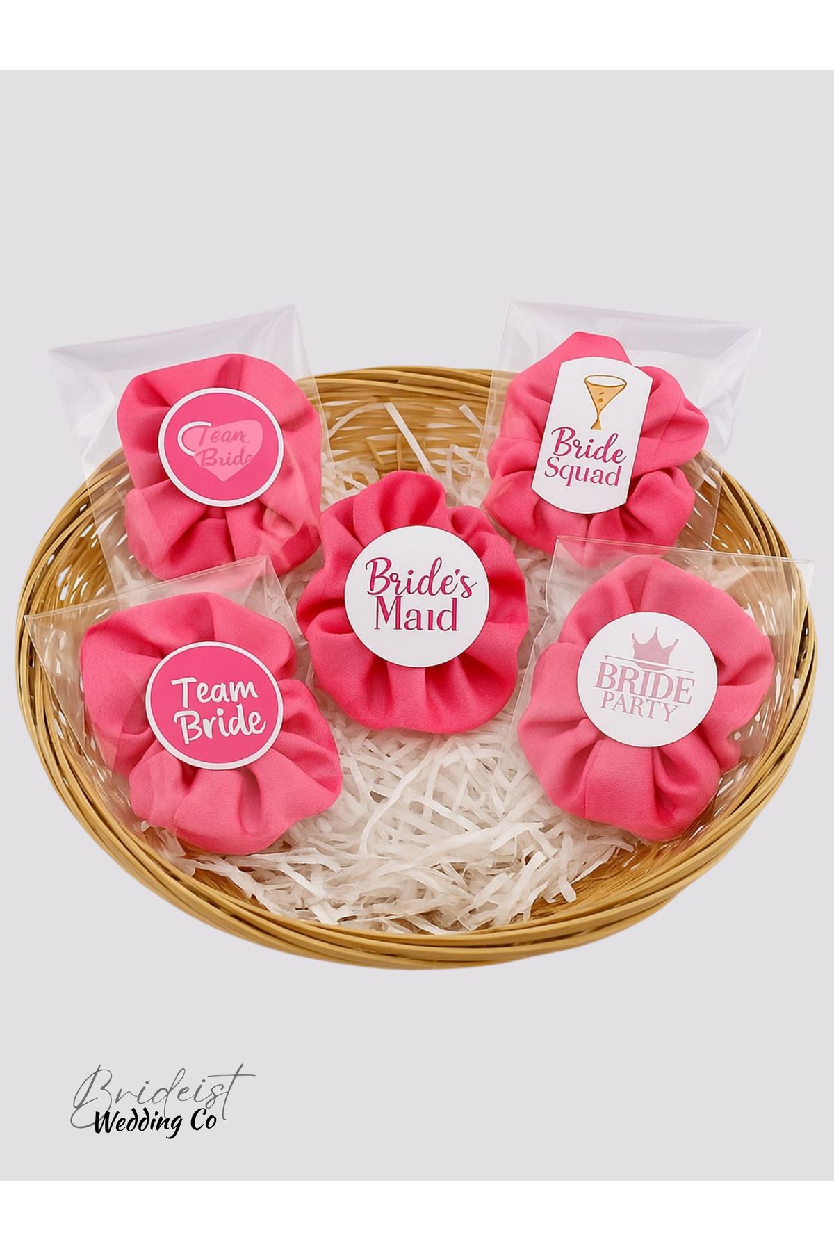 BRIDEIST WEDDING CO %100 İpek Saten El Yapımı Scrunchie Toka Seti – Bride Squad Team Bride Nedime Tokası 5’li