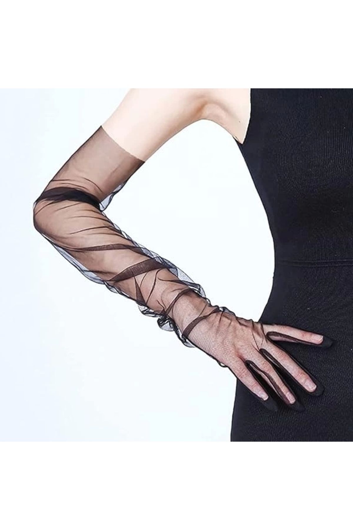 UZAY ONLİNE-Long Length Lycra Black Adult Mega Tulle Gloves 2